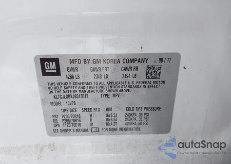 2018 Chevrolet Trax Lt z USA, uszkodzony, nr VIN KL7CJLSBXJB513012